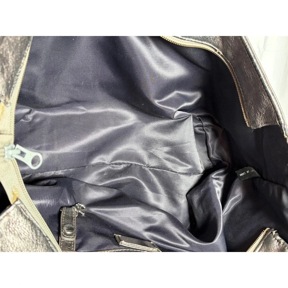 Vtg Y2K Shih Metallic Silver Leather Bag Cyberpunk Goth Punk Rock Grunge STAINED